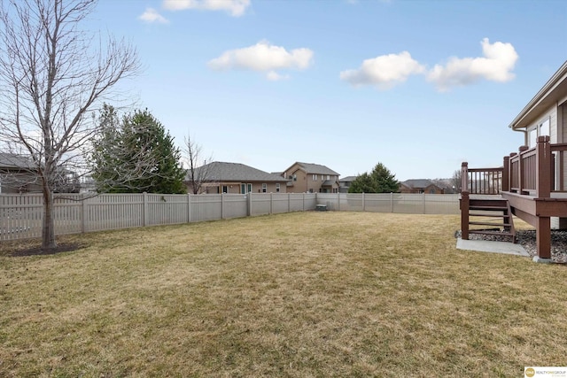 view of yard with a fenced backyard and a deck
