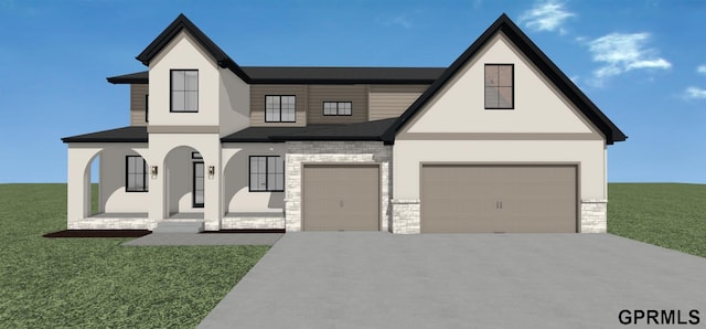 10907 N 167th St, Bennington, NE 68007 - view of front of home with driveway, a front lawn, stone siding, and stucco siding