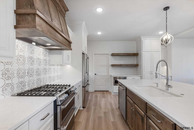 10907 N 167th St, Bennington, NE 68007 - kitchen with appliances with stainless steel finishes, premium range hood, a sink, open shelves, and light countertops