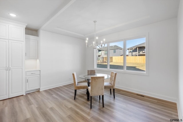 10907 N 167th St, Bennington, NE 68007 - dining space featuring light wood finished floors, a chandelier, baseboards, and a tray ceiling