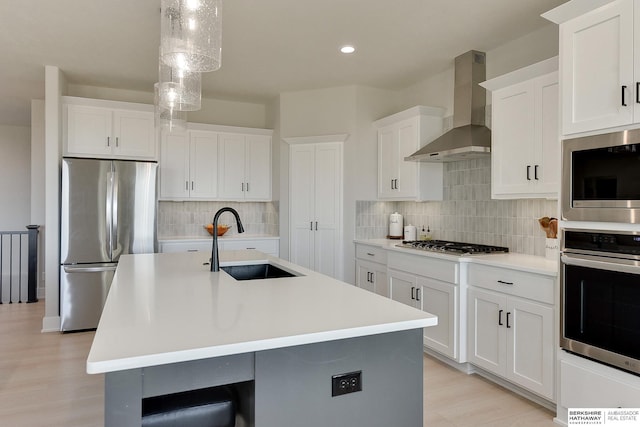 kitchen with wall chimney exhaust hood, decorative backsplash, a sink, and stainless steel appliances