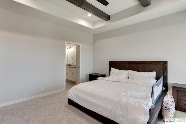 carpeted bedroom featuring ensuite bathroom, beam ceiling, baseboards, and recessed lighting