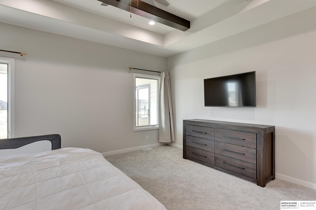 carpeted bedroom with baseboards, visible vents, recessed lighting, and beam ceiling