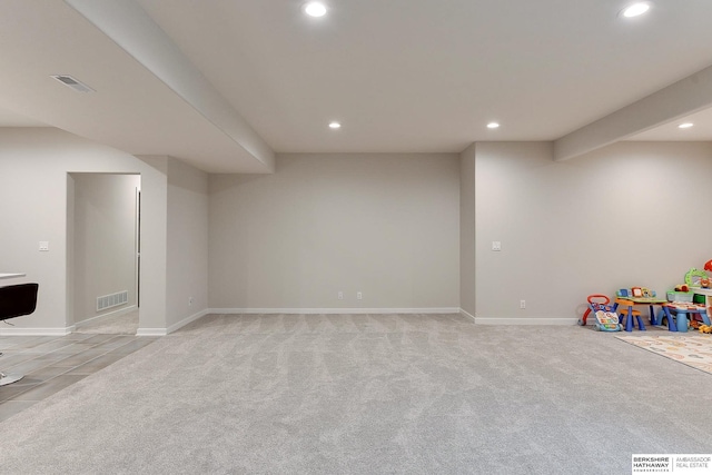 game room featuring visible vents, baseboards, light colored carpet, and recessed lighting