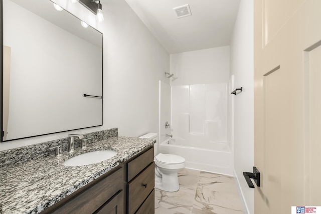 full bath featuring bathtub / shower combination, toilet, vanity, marble finish floor, and visible vents