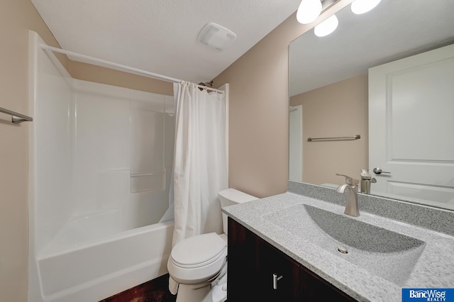 bathroom with vanity, shower / bathtub combination with curtain, toilet, a textured ceiling, and visible vents