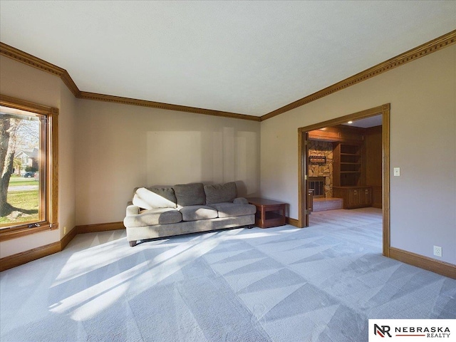 unfurnished living room with baseboards, ornamental molding, and light colored carpet