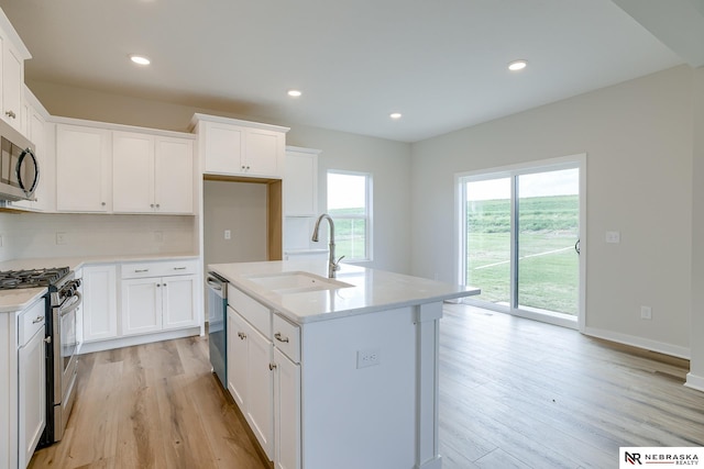 17547 Potter St, Bennington, NE 68007 - kitchen featuring light countertops, backsplash, a sink, light wood-style flooring, and stainless steel appliances
