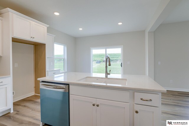 17547 Potter St, Bennington, NE 68007 - kitchen featuring white cabinetry, a sink, dishwashing machine, and light wood-style floors