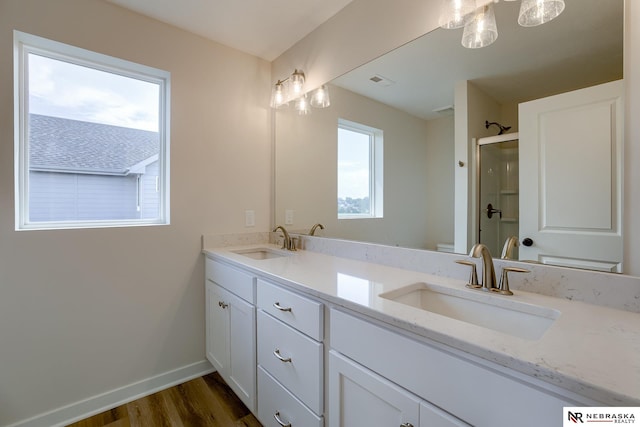 17547 Potter St, Bennington, NE 68007 - full bathroom with a stall shower, baseboards, visible vents, and a sink