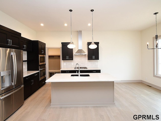 kitchen with wall chimney range hood, tasteful backsplash, dark cabinetry, and stainless steel appliances