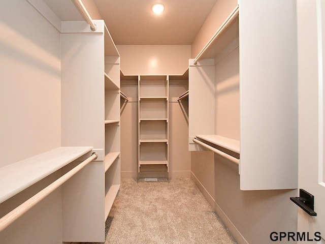 spacious closet featuring light colored carpet