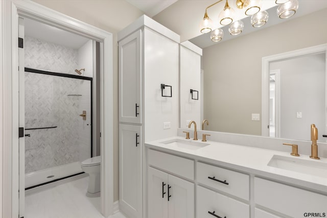 full bathroom featuring toilet, a sink, a stall shower, and double vanity