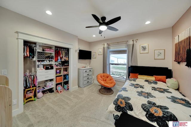 bedroom with a closet, carpet flooring, recessed lighting, and a ceiling fan