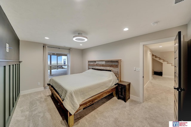 bedroom featuring baseboards, visible vents, recessed lighting, and light colored carpet
