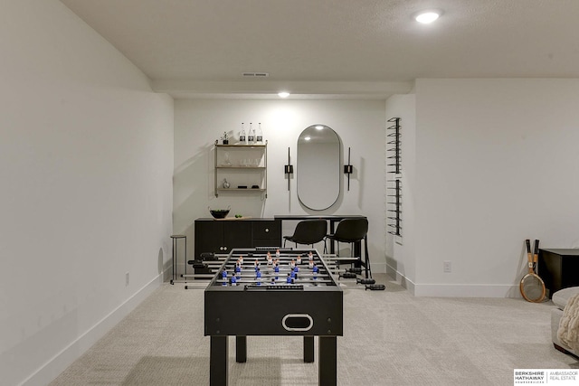 playroom featuring recessed lighting, baseboards, visible vents, and carpet