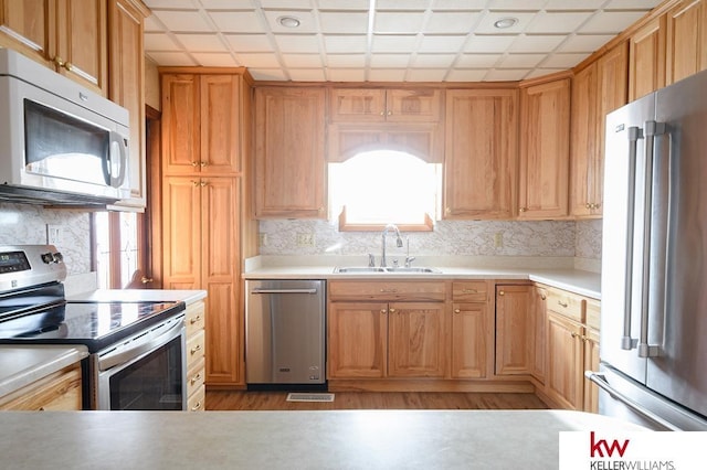 kitchen with light wood-style floors, recessed lighting, light countertops, a sink, and appliances with stainless steel finishes