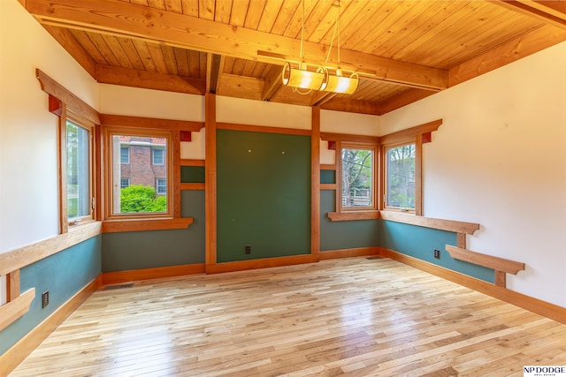 empty room with plenty of natural light, wood ceiling, and hardwood / wood-style flooring