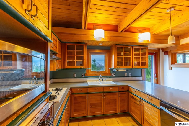 kitchen with dishwasher, a sink, wooden ceiling, white stovetop, and under cabinet range hood