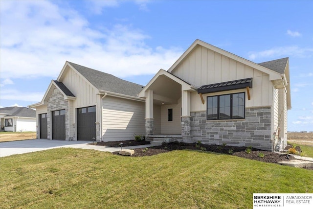 view of front of home with an attached garage, board and batten siding, concrete driveway, and stone siding