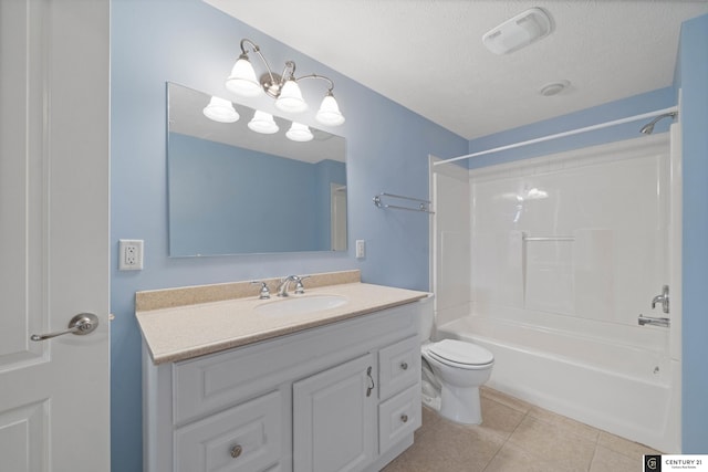 bathroom with a textured ceiling, visible vents, toilet, tile patterned floors, and shower / bathtub combination