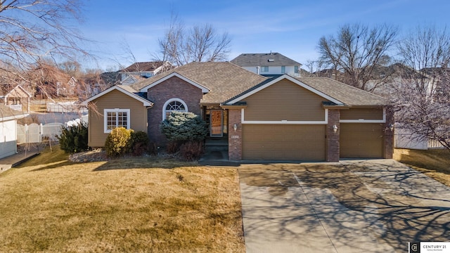 view of front of house featuring concrete driveway, an attached garage, a front yard, brick siding, and a shingled roof