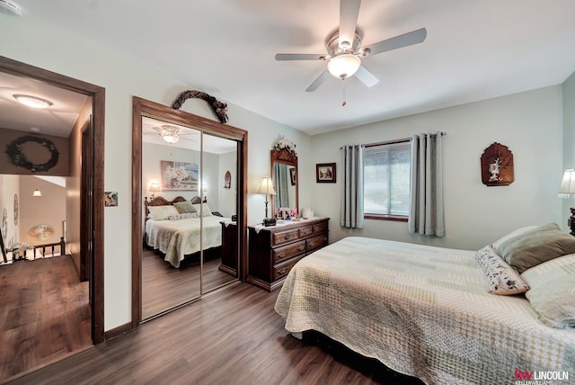 bedroom with wood finished floors, a closet, and ceiling fan