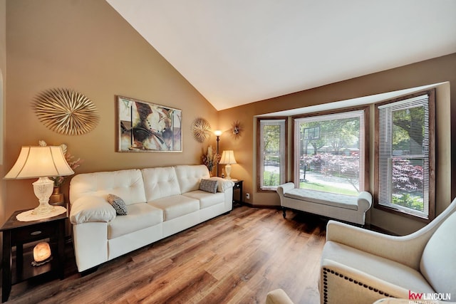 living area featuring wood finished floors, high vaulted ceiling, and baseboards