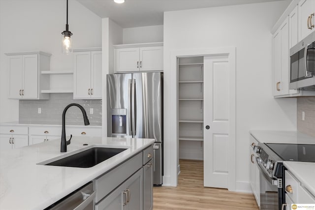 kitchen with open shelves, white cabinets, a sink, and stainless steel appliances
