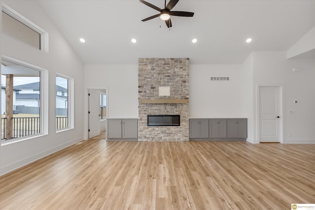 unfurnished living room with light wood-type flooring, high vaulted ceiling, visible vents, and a ceiling fan