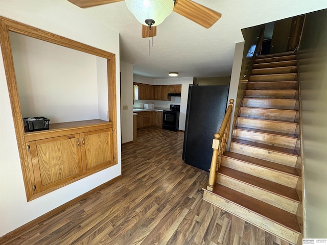 1626 N C St, Fremont, NE 68025 - stairs with wood finished floors, a ceiling fan, and baseboards