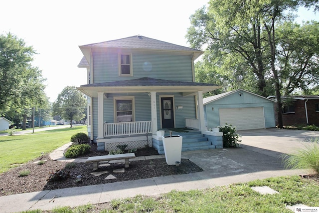 traditional style home featuring covered porch, a front yard, an outbuilding, and a detached garage