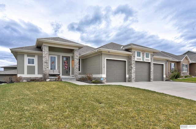 8914 N 171st St, Bennington, NE 68007 - prairie-style house with an attached garage, a front lawn, stone siding, and concrete driveway
