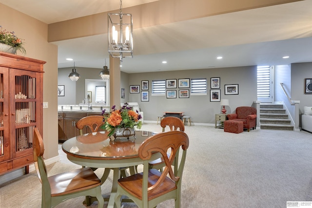 8914 N 171st St, Bennington, NE 68007 - dining room with recessed lighting, light colored carpet, plenty of natural light, baseboards, and a chandelier