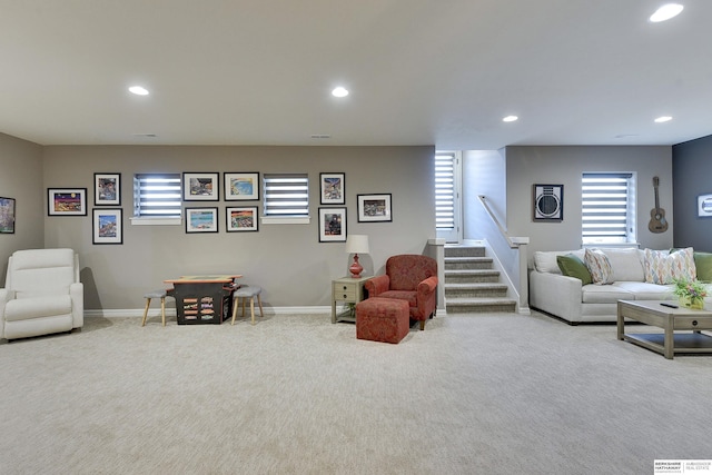 8914 N 171st St, Bennington, NE 68007 - living area featuring carpet floors, recessed lighting, stairs, and baseboards