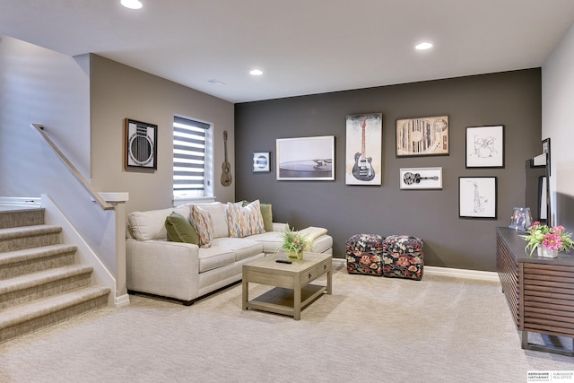 8914 N 171st St, Bennington, NE 68007 - carpeted living area featuring recessed lighting, baseboards, and stairway