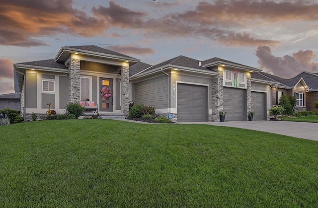 8914 N 171st St, Bennington, NE 68007 - prairie-style home featuring stone siding, a garage, a front lawn, and driveway