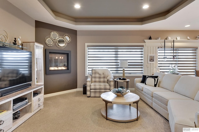 8914 N 171st St, Bennington, NE 68007 - carpeted living area with a raised ceiling, recessed lighting, and baseboards