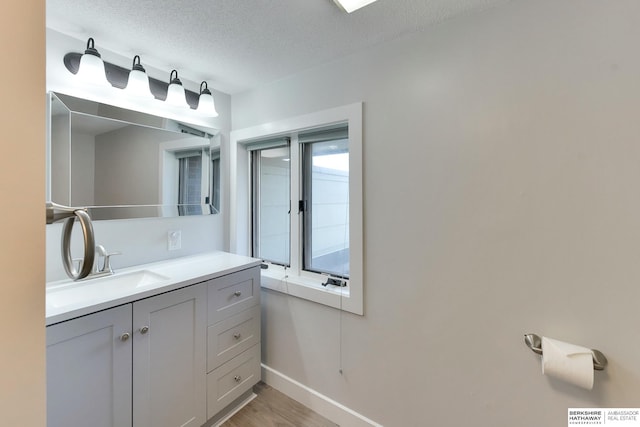 bathroom featuring vanity, baseboards, a textured ceiling, and wood finished floors