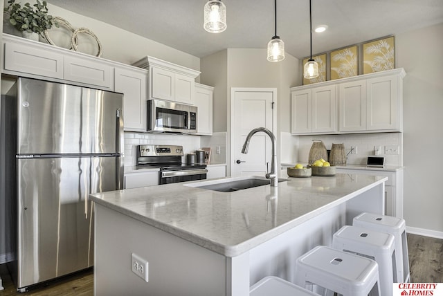 kitchen featuring dark wood finished floors, a sink, light stone counters, an island with sink, and appliances with stainless steel finishes