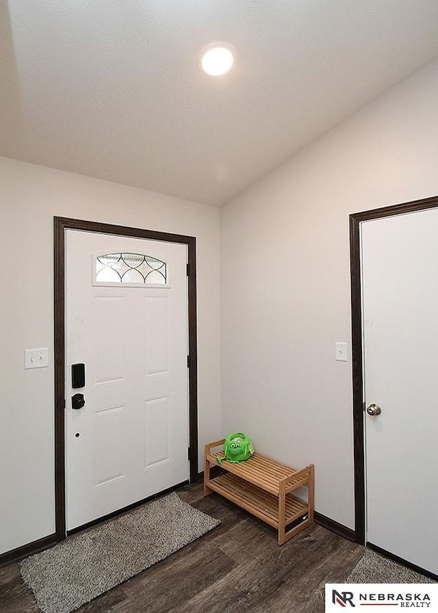 foyer with dark wood-style flooring and baseboards