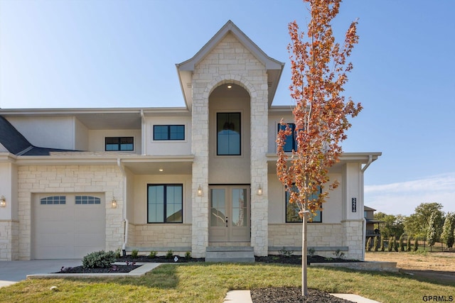 view of front of house with stone siding, stucco siding, and a front lawn