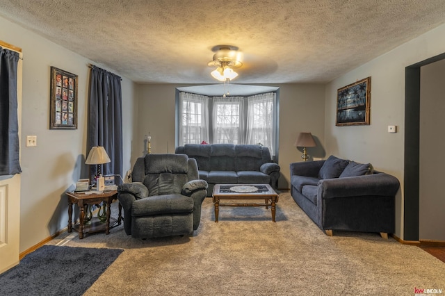 living area featuring baseboards, carpet, and a textured ceiling