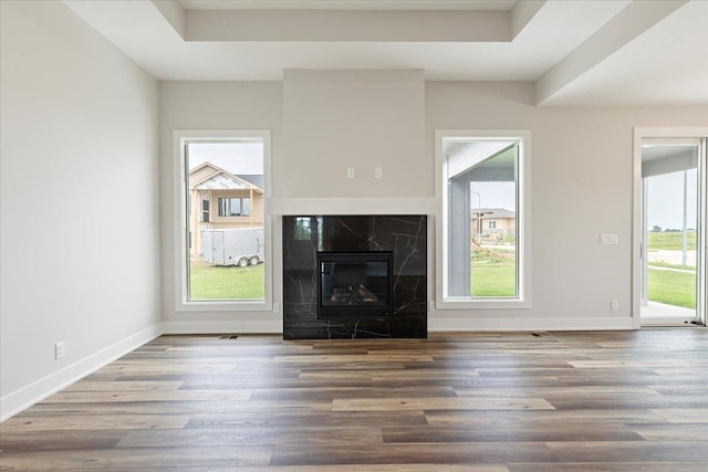 5924 N 208th St, Elkhorn, NE 68022 - unfurnished living room featuring wood finished floors, plenty of natural light, and a high end fireplace