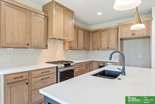 5924 N 208th St, Elkhorn, NE 68022 - kitchen with gas stove, a sink, decorative light fixtures, light stone counters, and backsplash