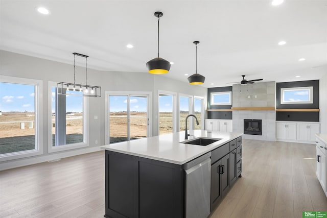 kitchen featuring light wood-style floors, a fireplace, a healthy amount of sunlight, dishwasher, and a sink