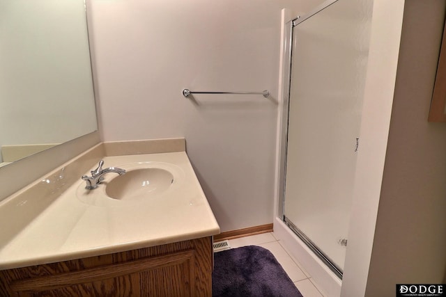 full bath featuring a shower stall, tile patterned floors, vanity, and visible vents
