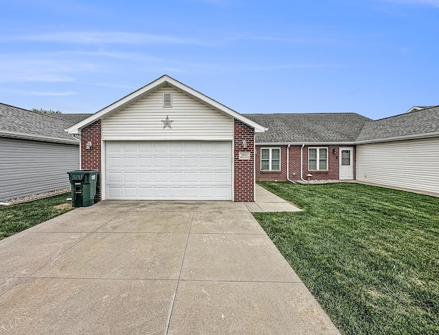 ranch-style house with brick siding, an attached garage, driveway, and a front lawn