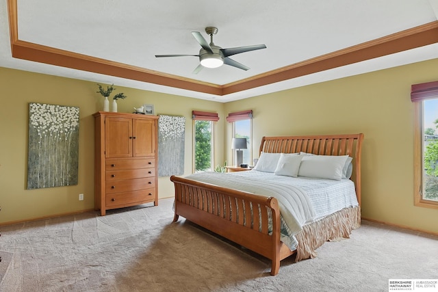 6520 N 157th St, Omaha, NE 68116 - bedroom with light colored carpet, a raised ceiling, ceiling fan, and ornamental molding