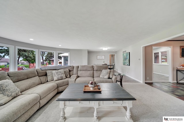 living area with baseboards, recessed lighting, and wood finished floors